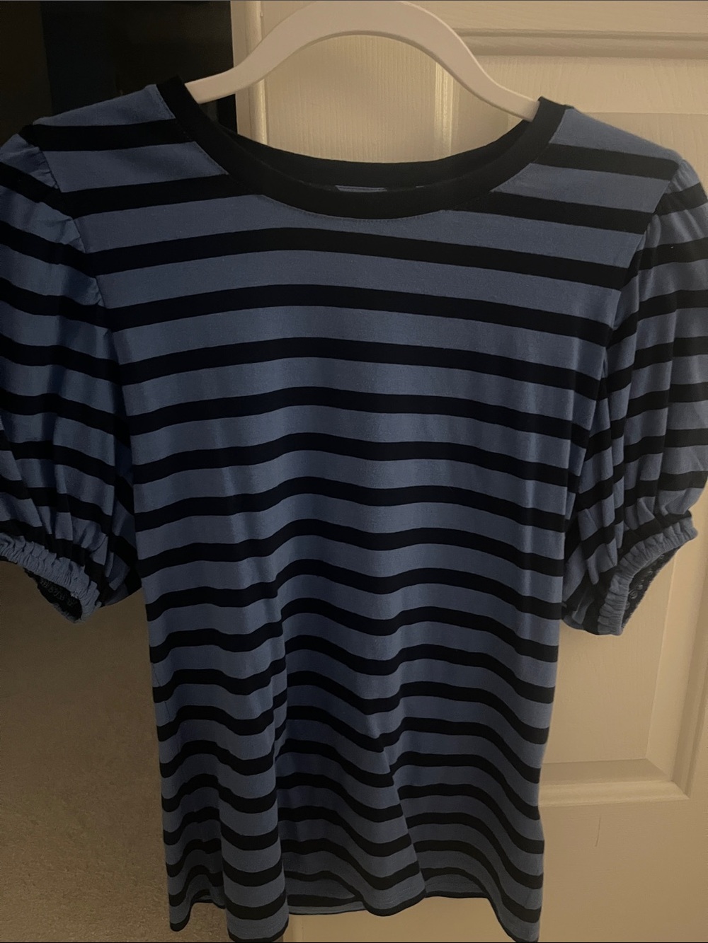J. Crew Blue and Black Striped Puff Sleeve Tee